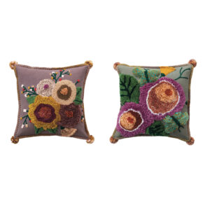 18" Sq Tufted Floral Pillow w/ Pom Pomss