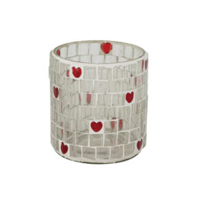 2.5" Red & White Glass Mosaic Votive Holder w/Hearts