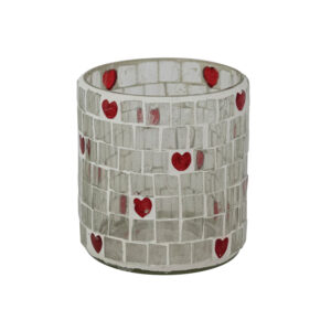 3" Red & White Glass Mosaic Votive Holder w/Hearts